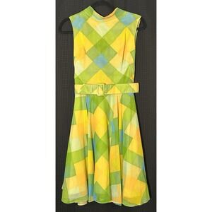 Vintage Voila A Line Yellow Green Blue Check Back Tie Accent Great Summer Dress